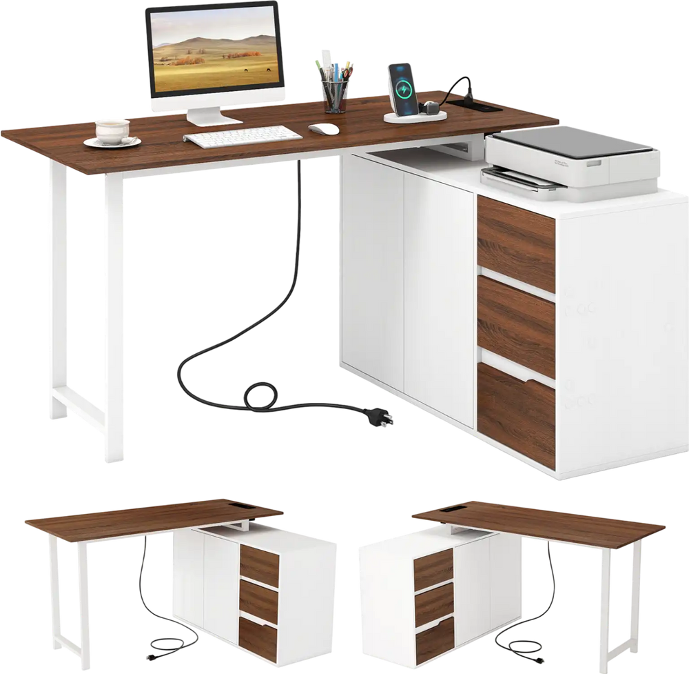 L-shaped desk with file cabinet, reversible design, and power outlet for organized workspace and flexible setup.