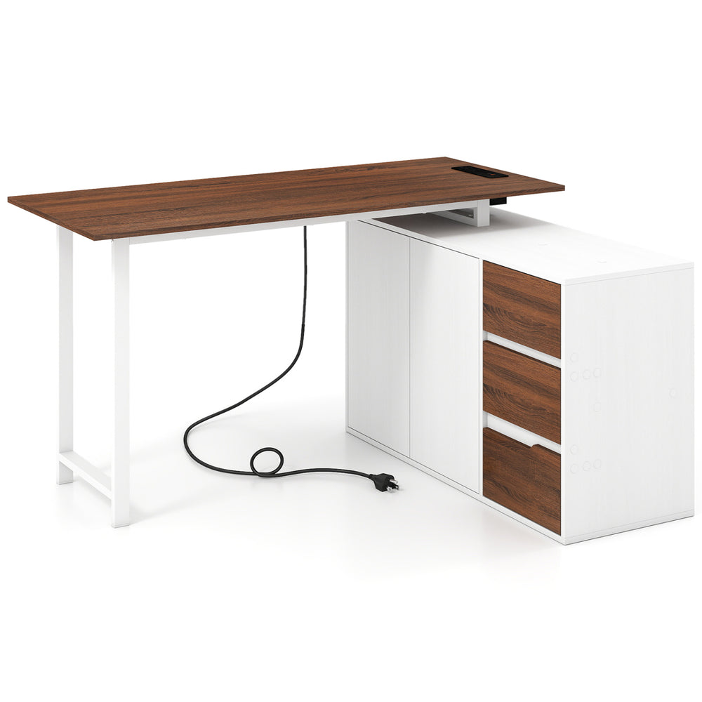 L-shaped desk with file cabinet and power outlet, featuring a reversible design and spacious wood top for organized.