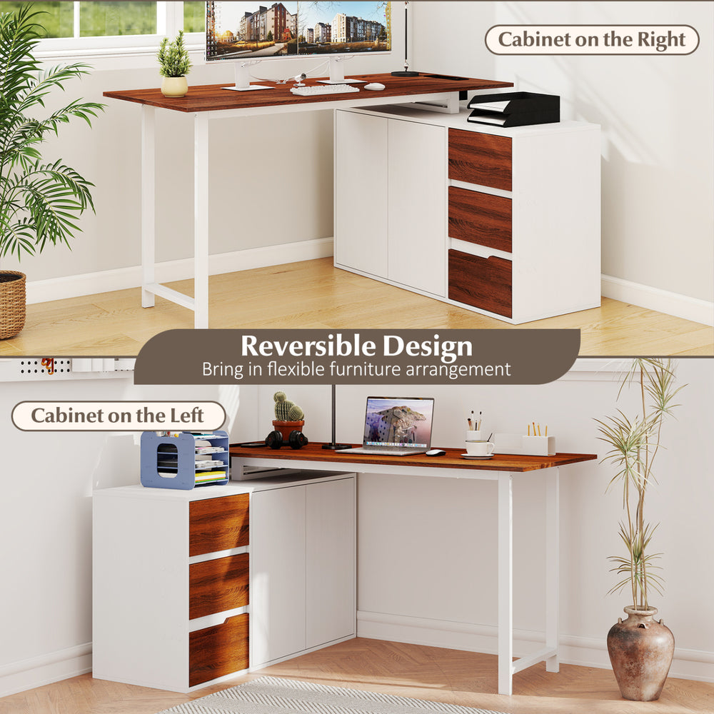 L-shaped desk with reversible design, featuring a file cabinet, power outlet, and spacious white desktop for organized.