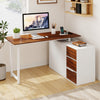 L-shaped desk with file cabinet, featuring a reversible design, power outlet, and a durable metal frame for home office.