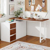 L-shaped desk with file cabinet and power outlet, featuring a reversible design and spacious wooden top for organized.