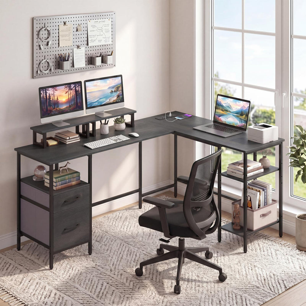 L-shaped black desk with power outlet, monitor stands, and open shelves for efficient workspace organization.