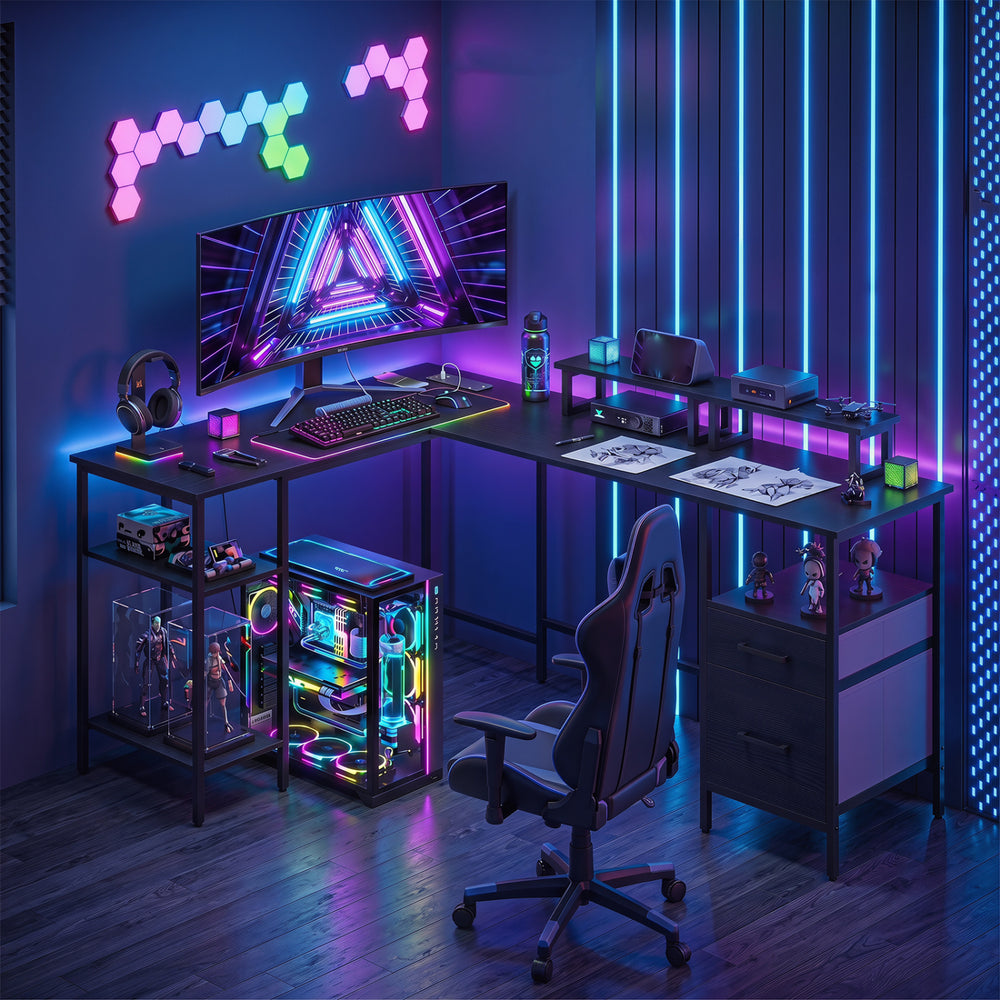 L-shaped desk with monitor stands, built-in charging station, and open shelves for office supplies in a modern setup.
