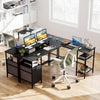 L-shaped black desk with monitor stands, open shelves, and built-in power outlet for versatile office use.