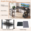 L-shaped black desk with adjustable shelves, fabric drawers, and built-in power outlet for versatile office use.