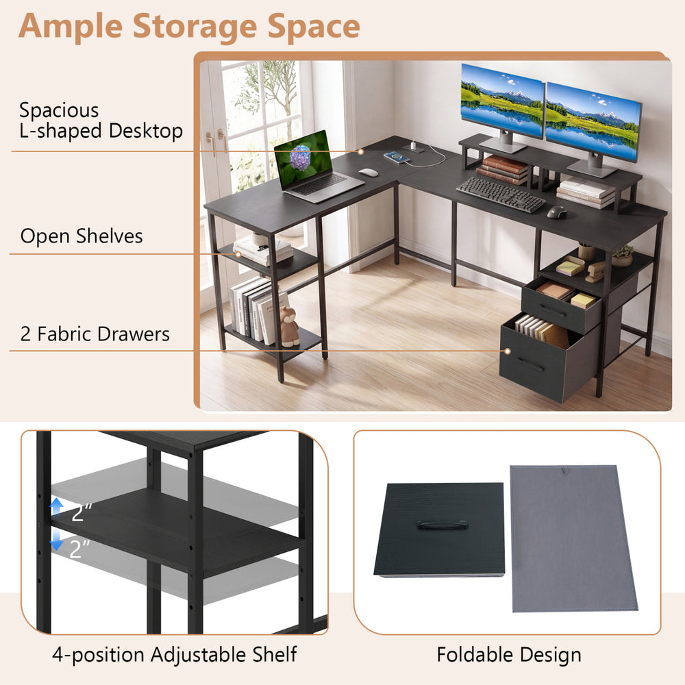 L-shaped black desk with adjustable shelves, fabric drawers, and built-in power outlet for versatile office use.
