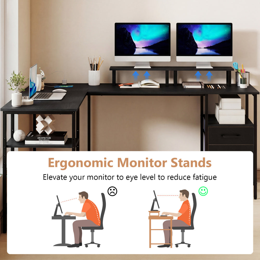 L-shaped desk with reversible monitor stands and built-in power outlet, designed for ergonomic comfort and ample.