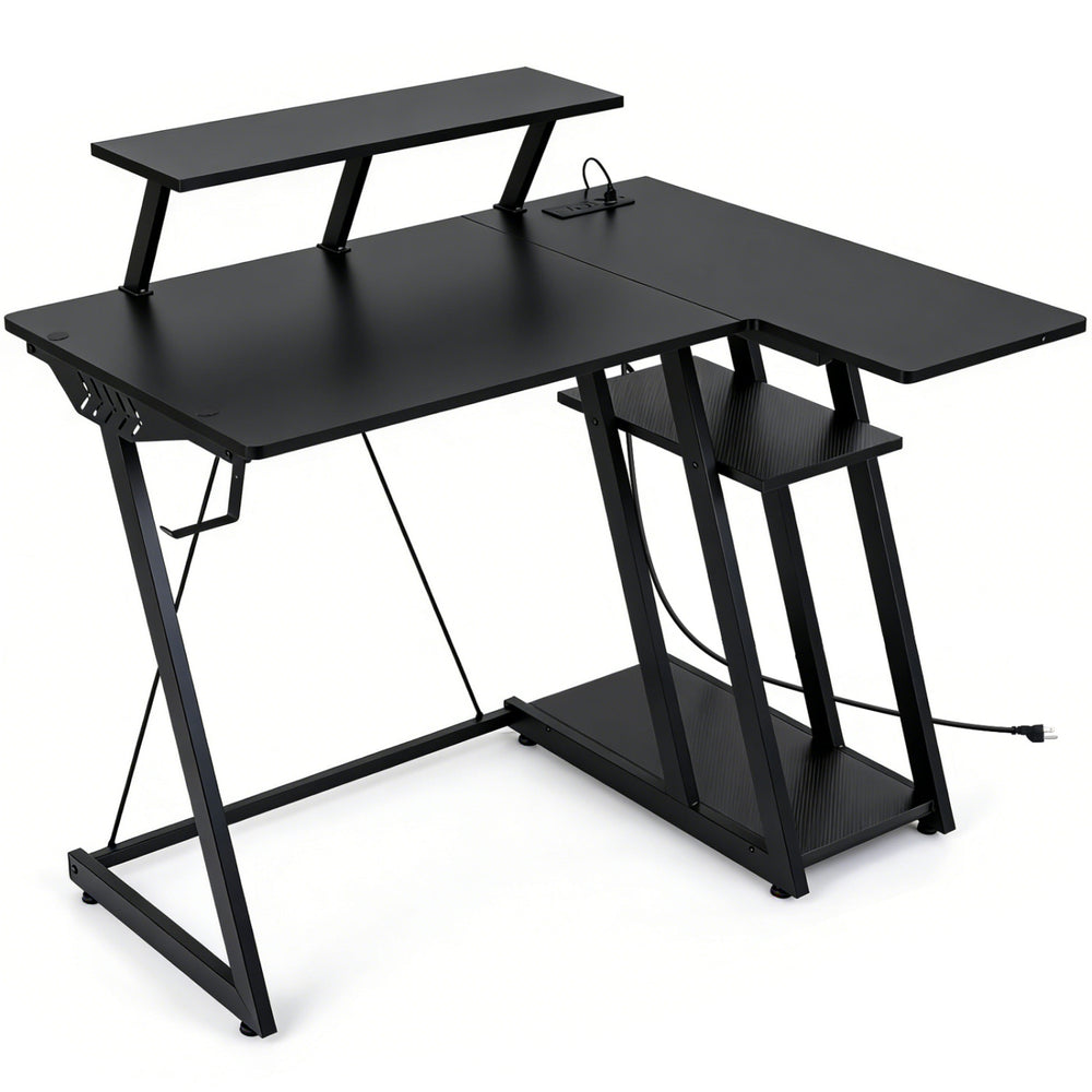 L Shaped Gaming Desk with Outlets and USB Ports-Black - Gallery View 1 of 1