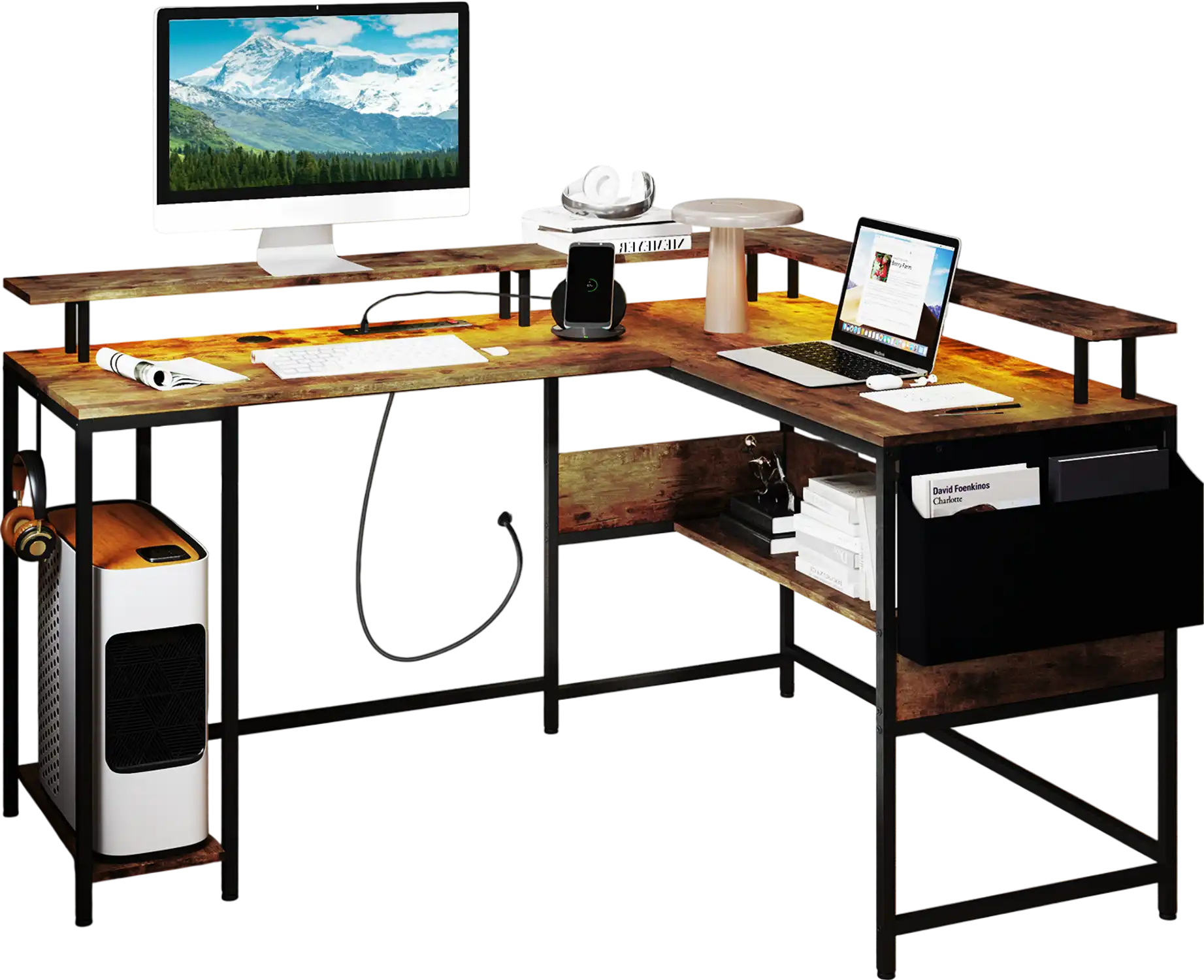 Costway L-Shaped Gaming Desk LED Lights Power Outlets Rustic Brown 638741529 New