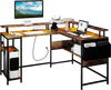 L-shaped gaming desk in rustic brown showcasing vibrant LED lights and a large desktop for an immersive gaming.
