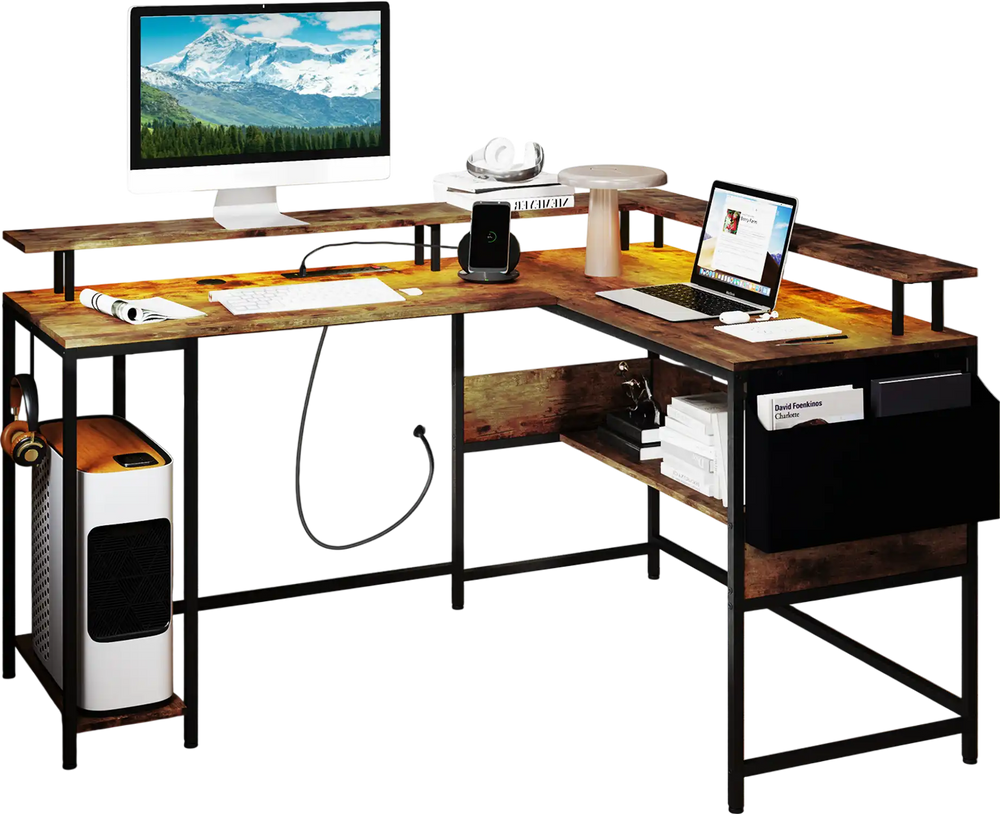 L-shaped gaming desk in rustic brown showcasing vibrant LED lights and a large desktop for an immersive gaming.