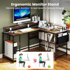 L-shaped gaming desk in rustic brown with LED lights, ergonomic monitor stand, and ample storage for a stylish setup.