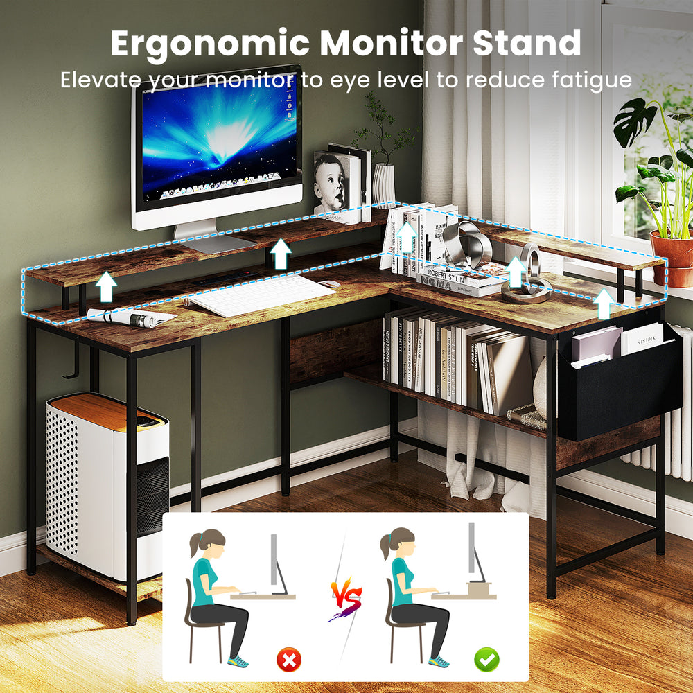 L-shaped gaming desk in rustic brown with LED lights, ergonomic monitor stand, and ample storage for a stylish setup.