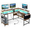 L-shaped gaming desk in rustic brown featuring vibrant LED lights, cable management, and durable metal frame for.