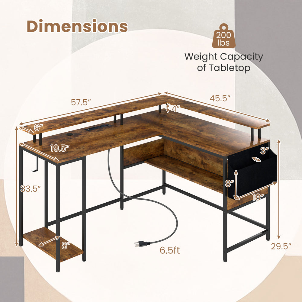 Dimensions chart of L-shaped gaming desk in rustic brown, showcasing weight capacity and measurements for optimal setup.
