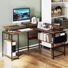 L-shaped gaming desk in rustic brown with LED lights, power outlets, and ergonomic monitor stand for home office use.