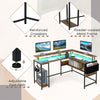 L-shaped gaming desk in rustic brown with LED lights, adjustable foot pads, and reinforced metal frame for home office.