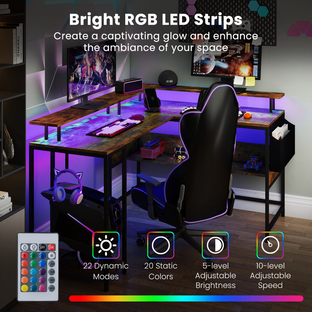 L-shaped gaming desk in rustic brown with LED lights, featuring adjustable brightness and ample storage for a stylish.