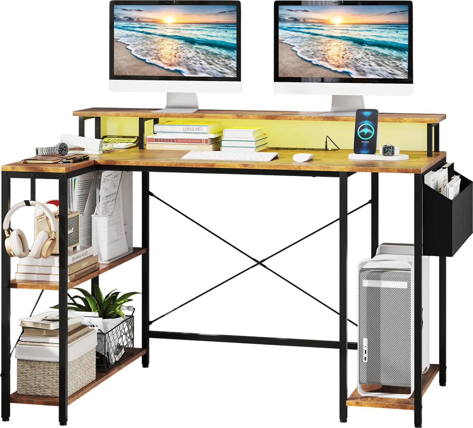 Costway L-Shaped Gaming Desk LED Lights Power Outlets Rustic Brown 153798462 New