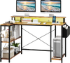 L-shaped gaming desk in rustic brown with LED lights, adjustable monitor stand, and ample storage for accessories.