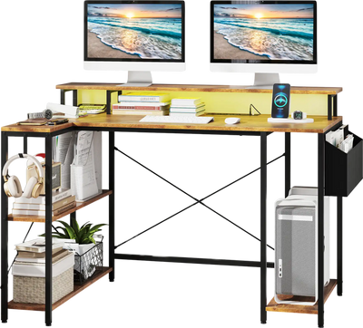 Costway L-Shaped Gaming Desk LED Lights Power Outlets Rustic Brown 153798462 New