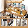 L-shaped gaming desk in rustic brown with LED lights, ample workspace, storage shelves, and ergonomic monitor stand.