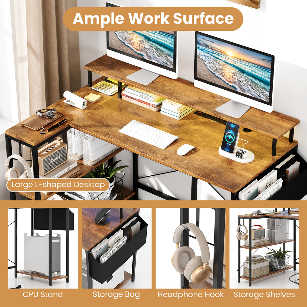 L-shaped gaming desk in rustic brown with LED lights, ample workspace, storage shelves, and ergonomic monitor stand.