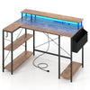 L-shaped gaming desk in rustic brown with LED lights, power outlets, and storage shelves for an organized workspace.