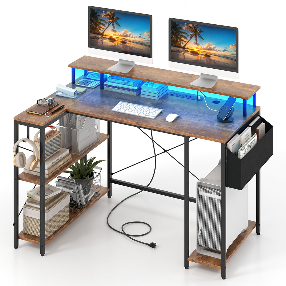 L-shaped gaming desk in rustic brown with LED lights, ample storage, and ergonomic monitor stand for gaming or work.