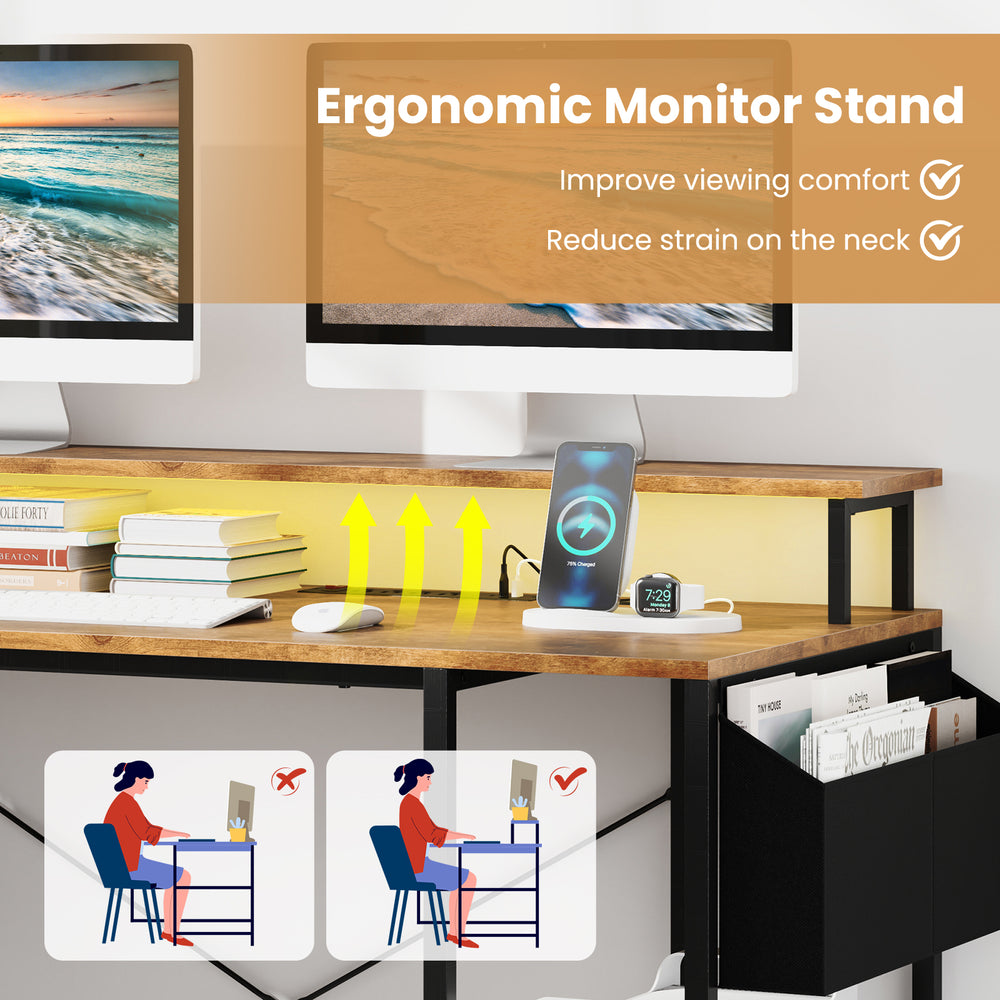 L-shaped gaming desk in rustic brown with LED lights, ergonomic monitor stand, and ample storage for accessories.