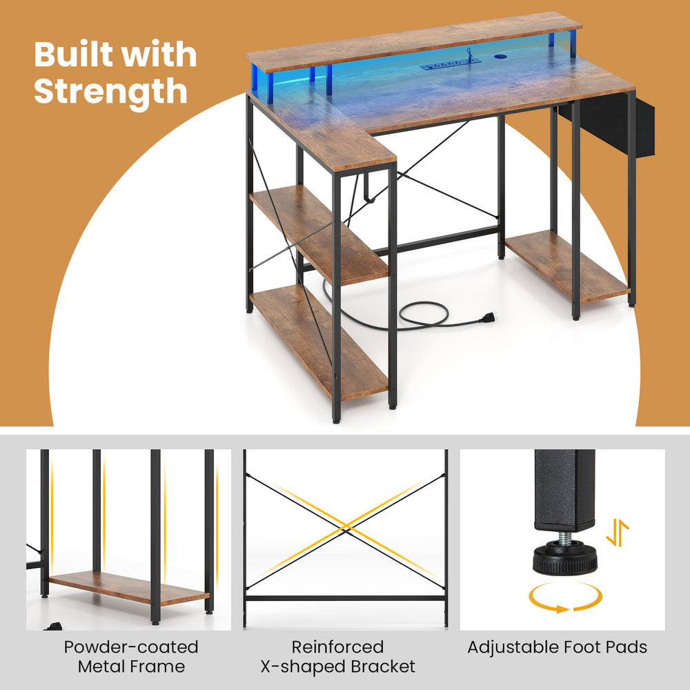 L-shaped gaming desk in rustic brown with LED lights, adjustable foot pads, and reinforced metal frame for stability.