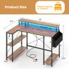 L-shaped gaming desk in rustic brown with LED lights, power outlets, and ample storage for gaming or work needs.