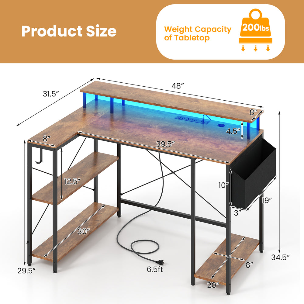 L-shaped gaming desk in rustic brown with LED lights, power outlets, and ample storage for gaming or work needs.