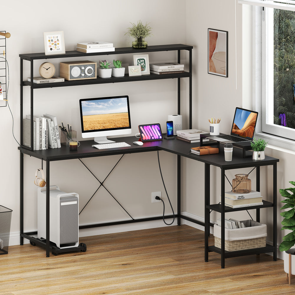 L-Shaped Reversible Gaming Desk with LED Strip and Power Outlets Hutch Monitor Stand-Black - Gallery View 1 of 12