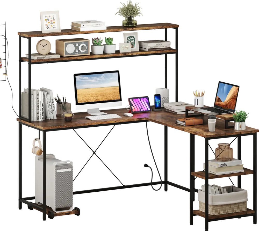 L-shaped reversible gaming desk in rustic brown with LED strip, power outlets, and adjustable monitor stand for a.