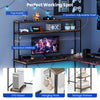 L-shaped gaming desk in rustic brown with adjustable shelves, LED lights, and ample storage for a streamlined workspace.