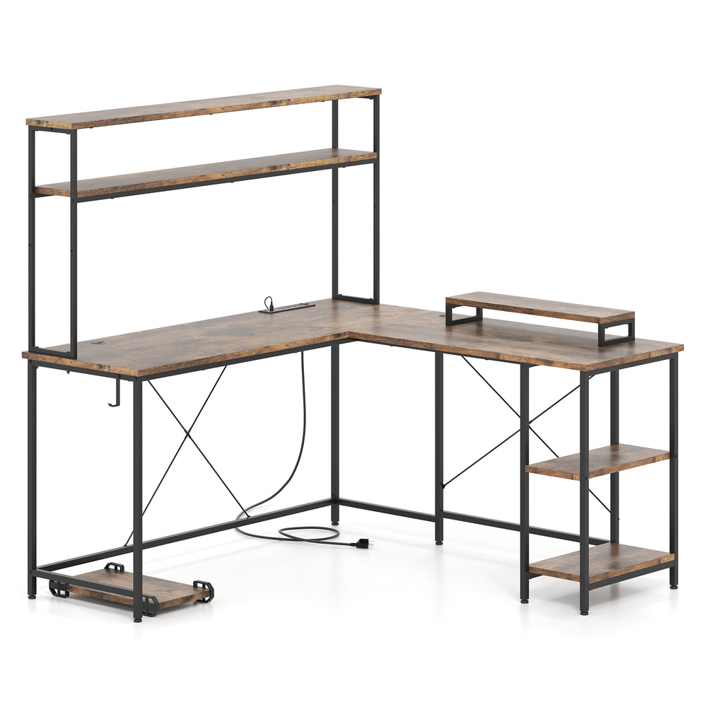 L-shaped reversible gaming desk in rustic brown with LED strip, power outlets, and adjustable monitor stand for.