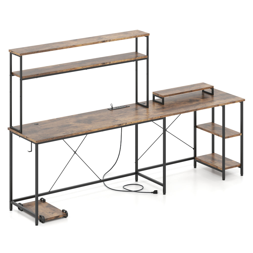 L-shaped reversible gaming desk in rustic brown with LED strip, power outlets, and adjustable shelves for organized.
