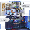 L-shaped reversible gaming desk in rustic brown with LED lights, monitor stand, and adjustable shelves for organized.