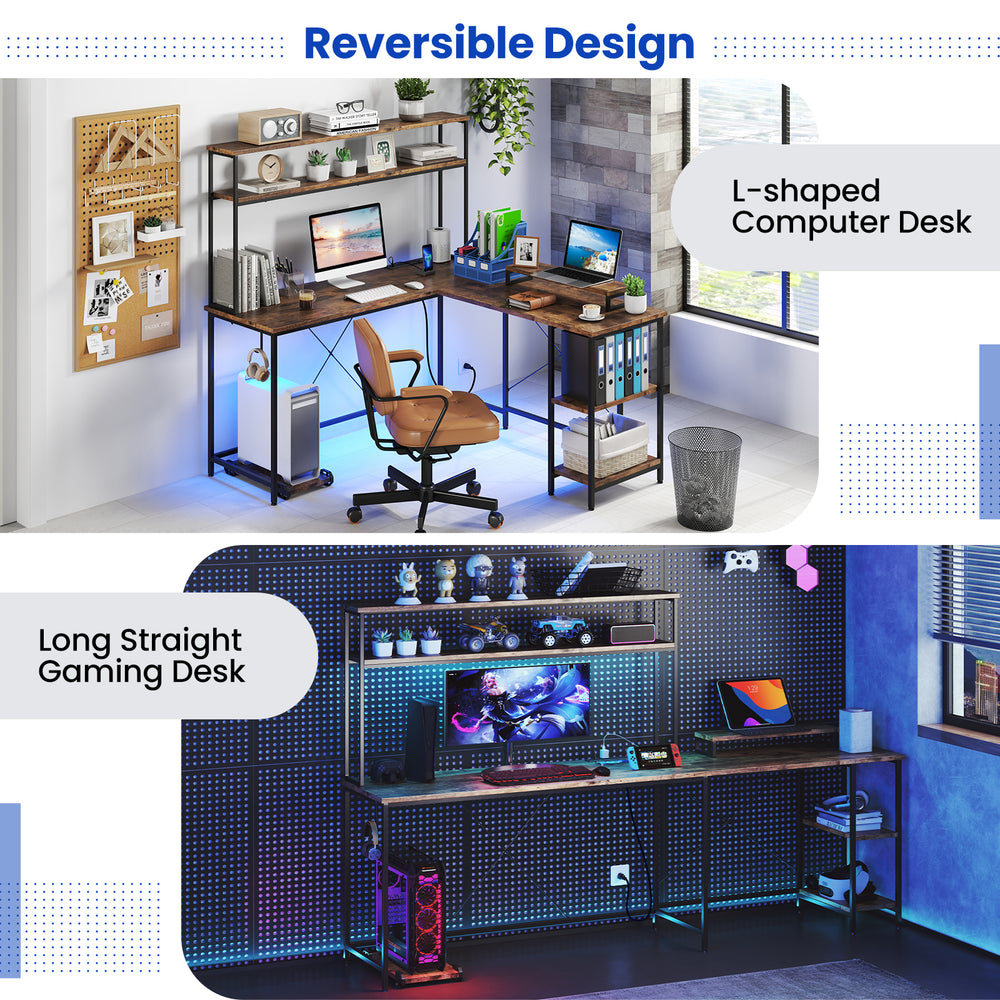 L-shaped reversible gaming desk in rustic brown with LED lights, monitor stand, and adjustable shelves for organized.