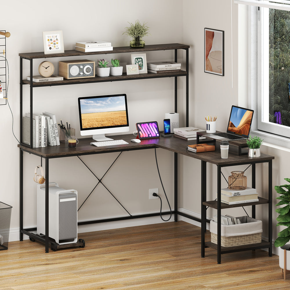 L-Shaped Reversible Gaming Desk with LED Strip and Power Outlets Hutch Monitor Stand-Gray - Gallery View 1 of 12