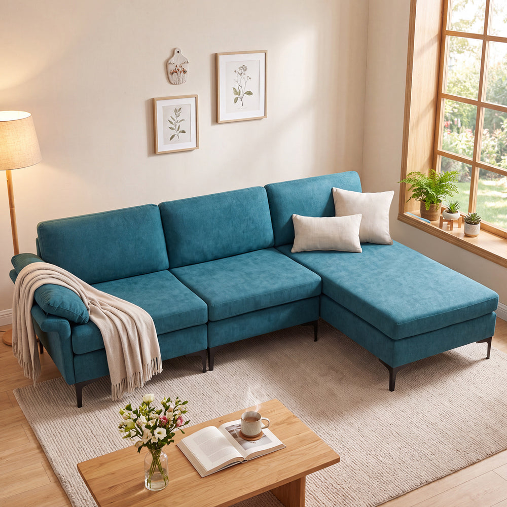 L-shaped sectional sofa in turquoise with chaise, featuring 4 USB ports and hidden storage compartments for versatile lounging.