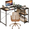 L-shaped 47-inch corner desk in black with adjustable storage shelves and built-in charging station for home office use.