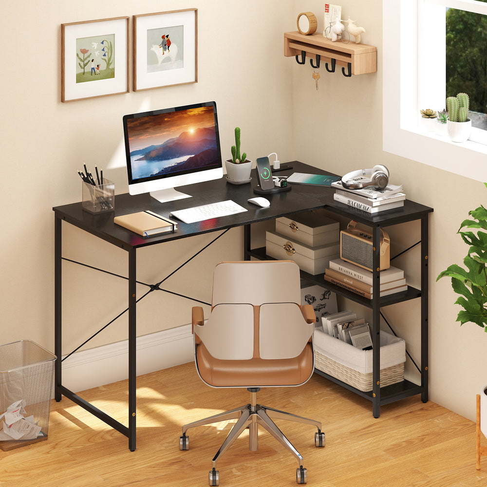L-shaped 47 Inch Reversible Corner Desk with Adjustable Storage Shelves-Black - Gallery View 1 of 10