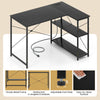 L-shaped 47-inch black corner desk with adjustable shelves, built-in charging station, and sturdy metal frame for.
