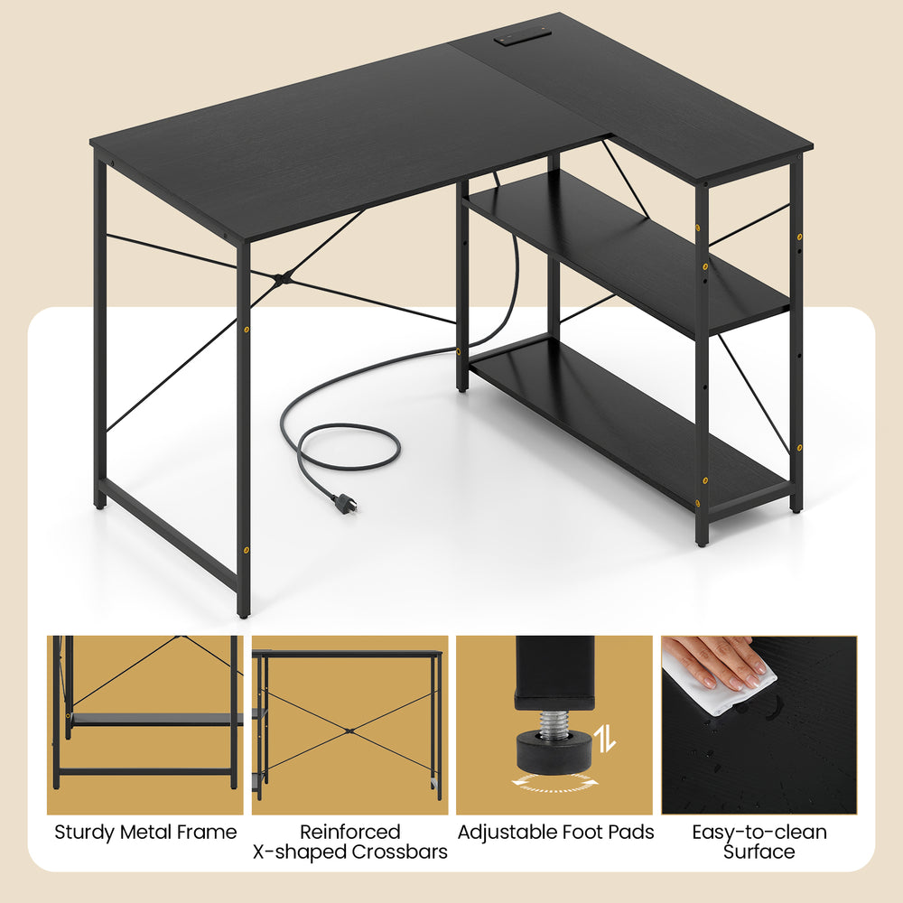 L-shaped 47-inch black corner desk with adjustable shelves, built-in charging station, and sturdy metal frame for.