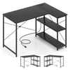 L-shaped 47-inch black corner desk with adjustable shelves and built-in charging station for home office use.