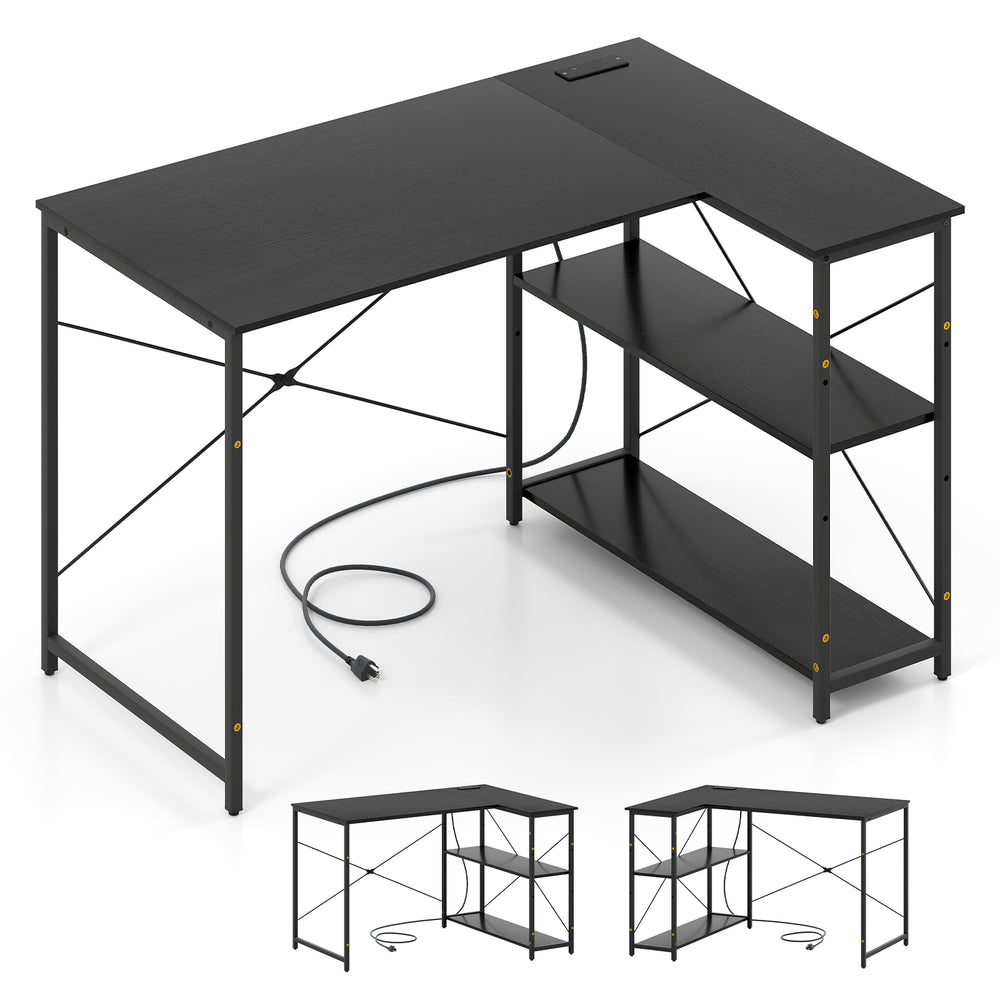 L-shaped 47-inch black corner desk with adjustable shelves and built-in charging station for home office use.