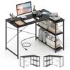 L-shaped 47-inch black corner desk with adjustable storage shelves and built-in charging station for home office use.