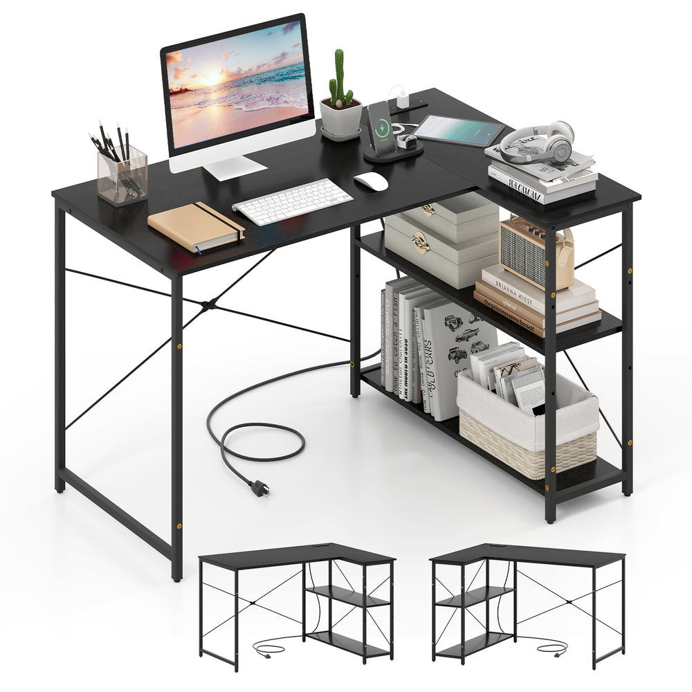 L-shaped 47-inch black corner desk with adjustable storage shelves and built-in charging station for home office use.